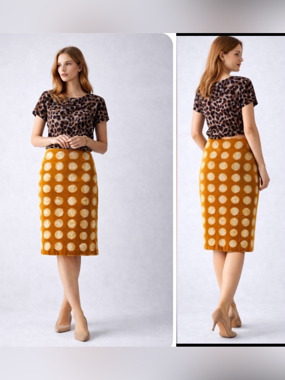 MAEVE Anthropologie Dots Brushed Corduroy Pencil Skirt Orange Ivory